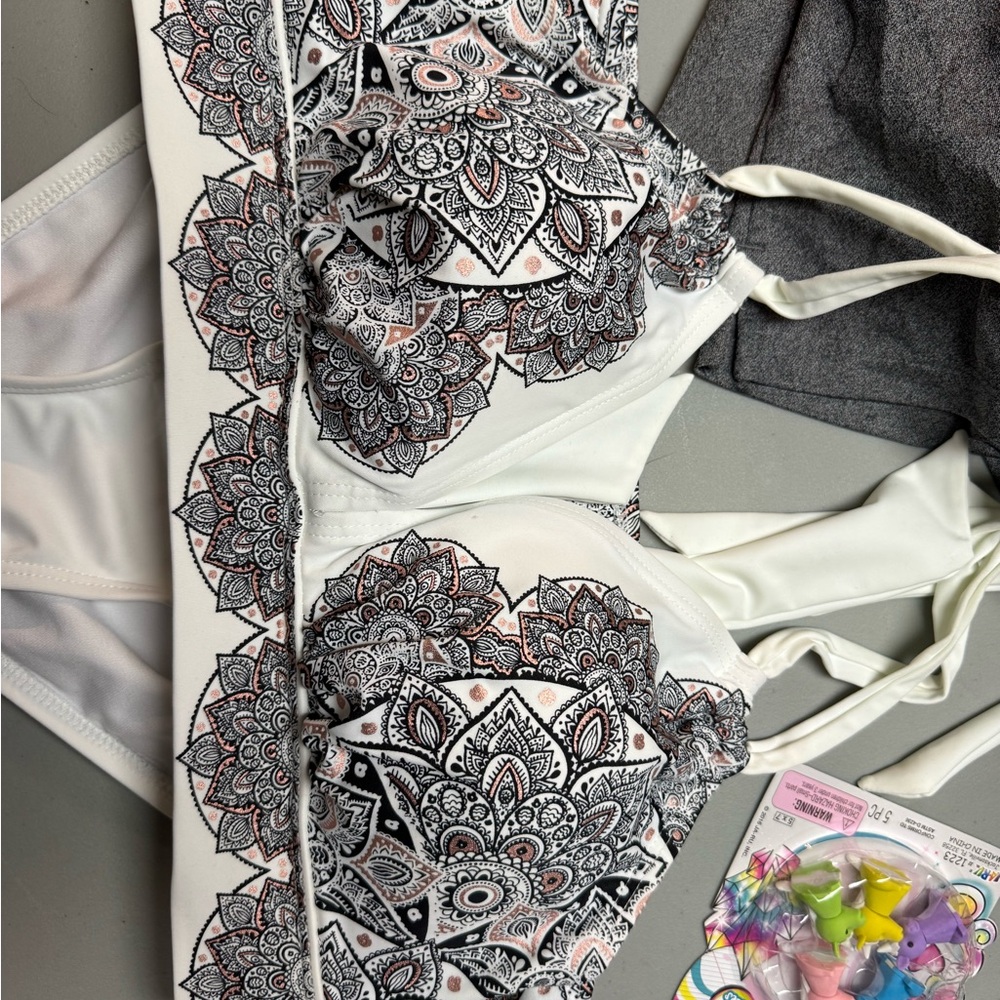 Swimsuits For All White Bikini Set with Black and Pink Paisley Print - Picture 2 of 5